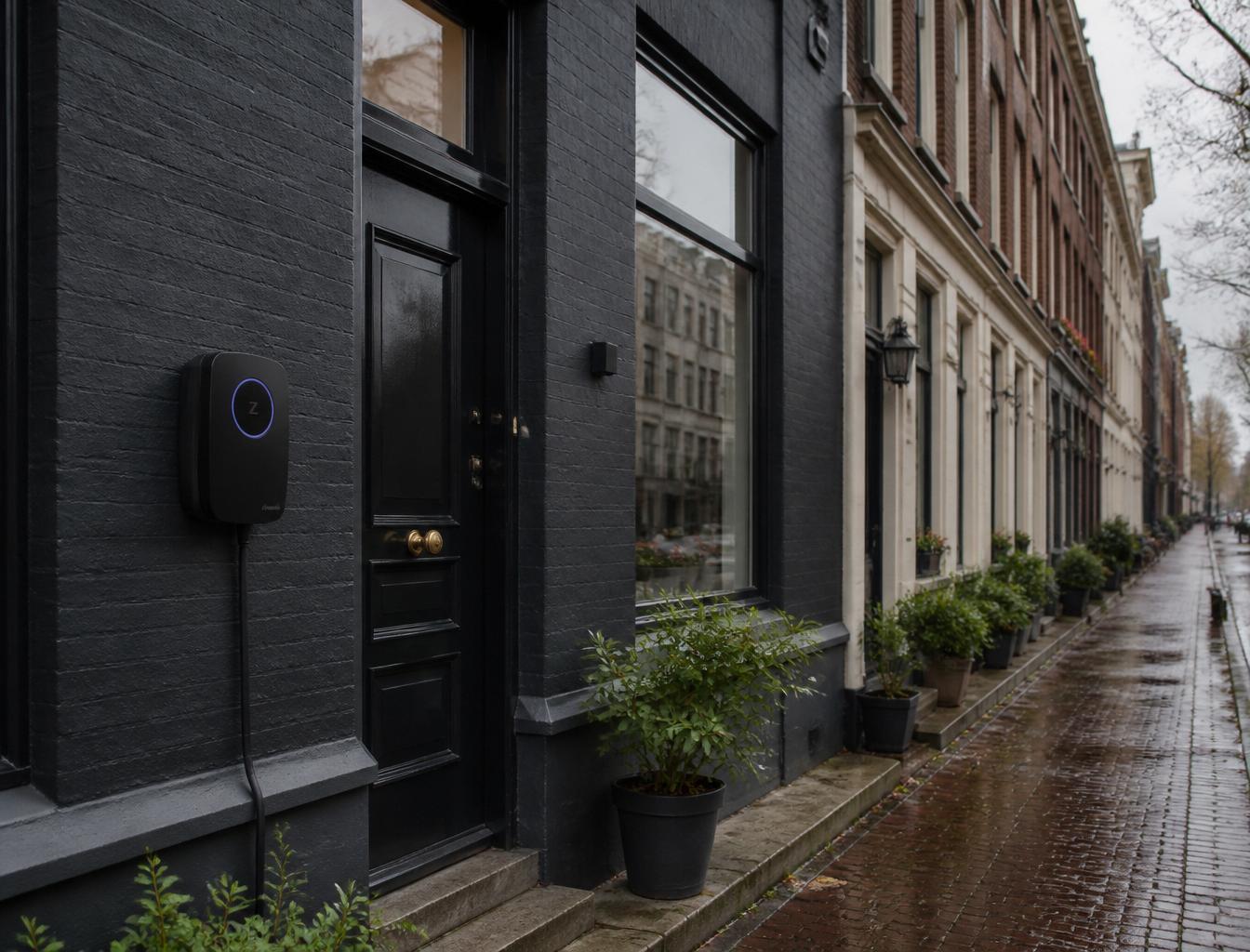 Zwarte Zaptec laadpaal aan de gevel — installatie door Expert Elektra